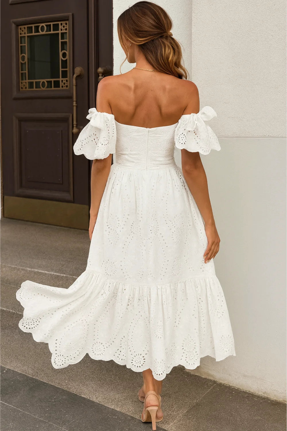 White Eyelet Midi Dress, Off Shoulder Puff Sleeve