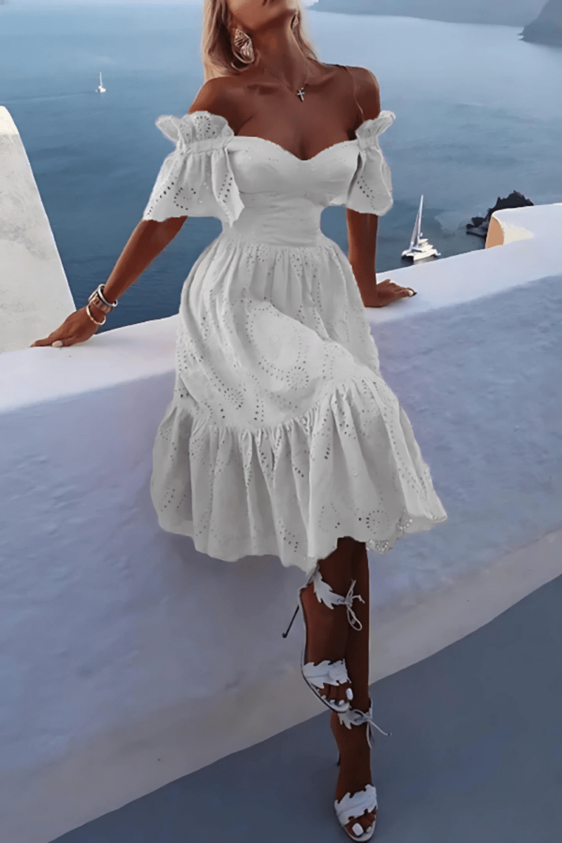White Eyelet Midi Dress, Off Shoulder Puff Sleeve
