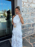 White Lace Maxi Dress, Backless Halter Boho Gown