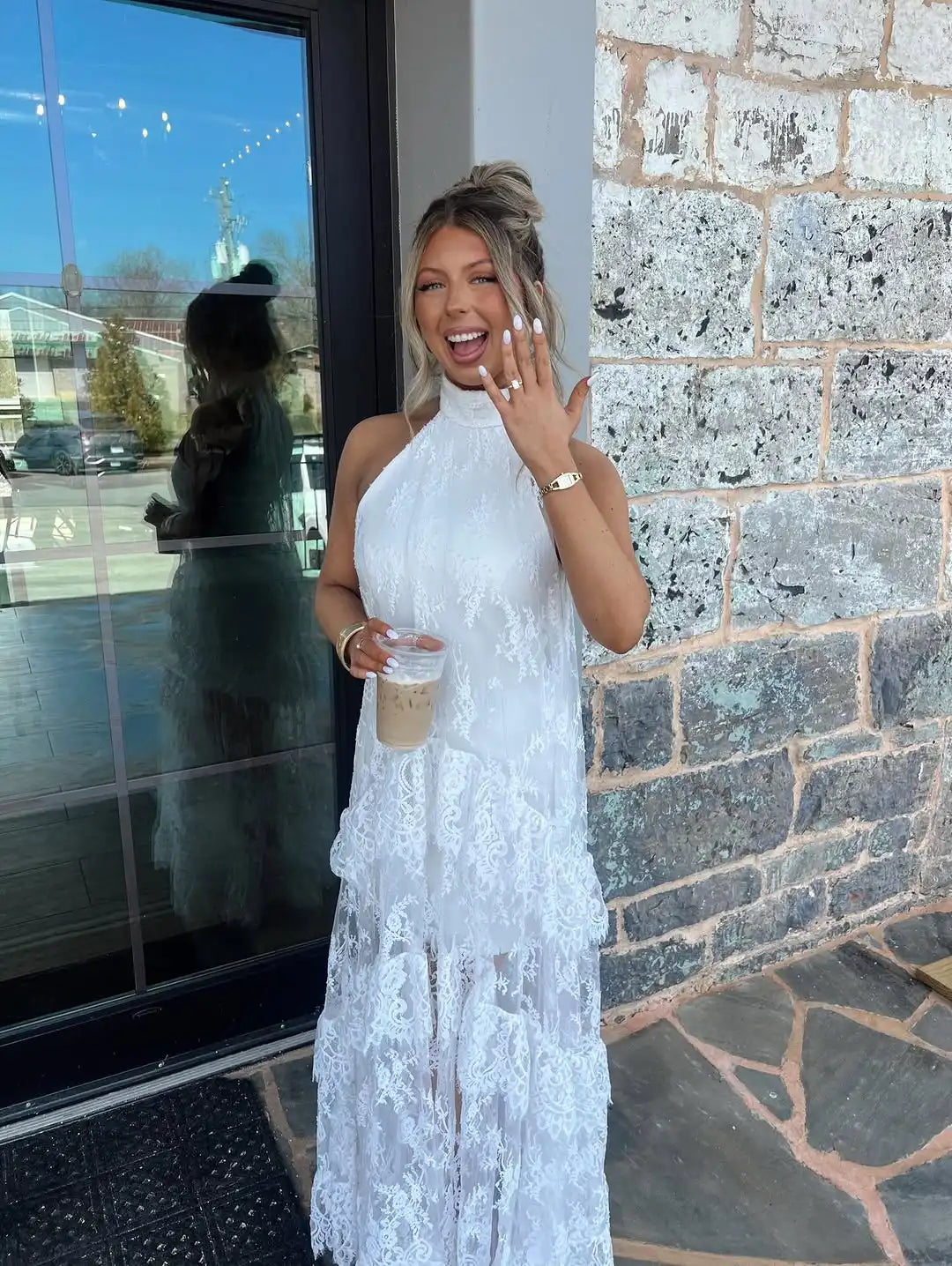 White Lace Maxi Dress, Backless Halter Boho Gown
