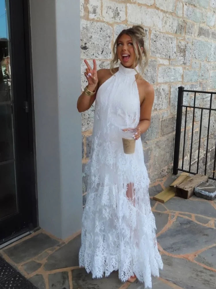 White Lace Maxi Dress, Backless Halter Boho Gown