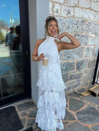 White Lace Maxi Dress, Backless Halter Boho Gown