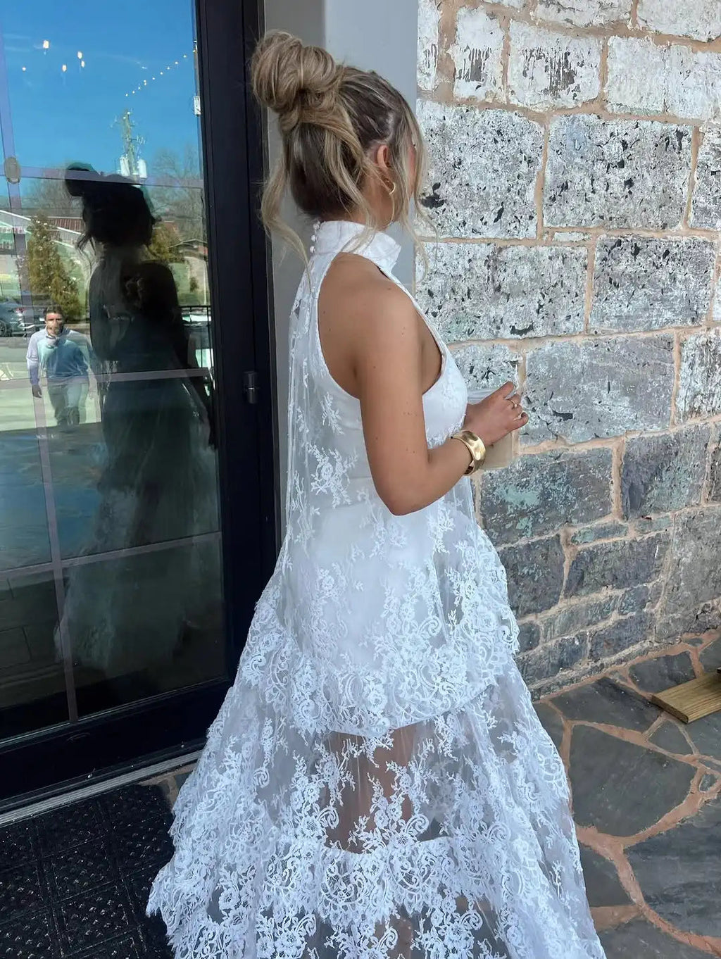 White Lace Maxi Dress, Backless Halter Boho Gown