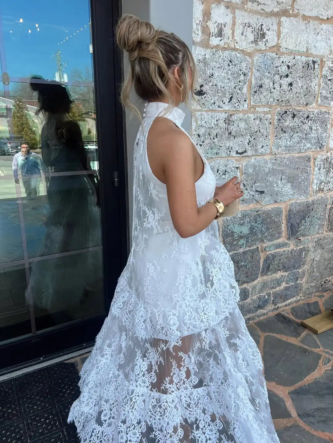 White Lace Maxi Dress, Backless Halter Boho Gown