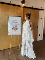 White Lace Maxi Dress, Backless Halter Boho Gown