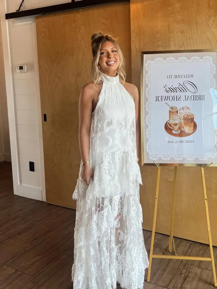 White Lace Maxi Dress, Backless Halter Boho Gown