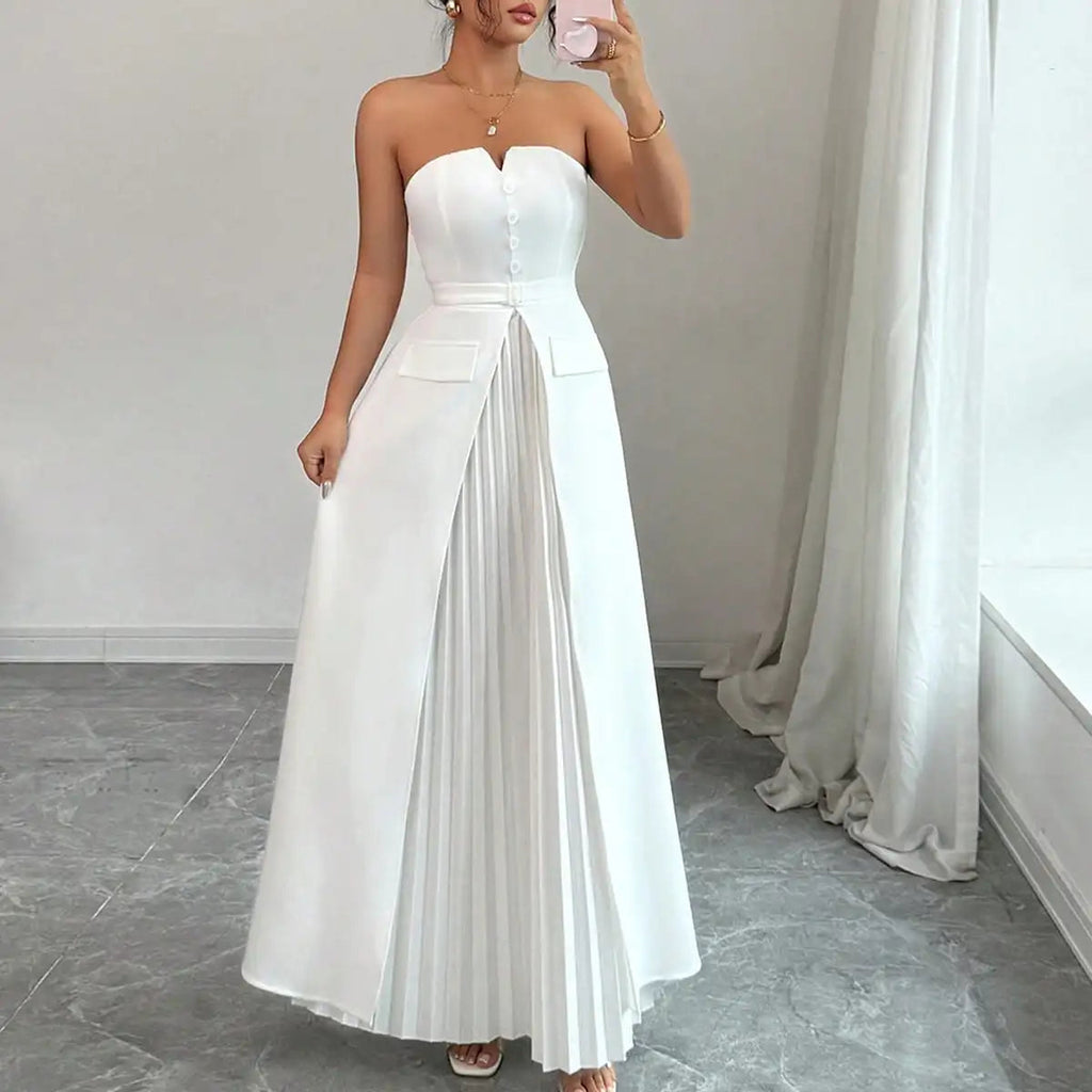White Strapless Maxi Dress, Sweetheart Pleated Gown