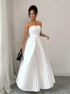 White Strapless Maxi Dress, Sweetheart Pleated Gown