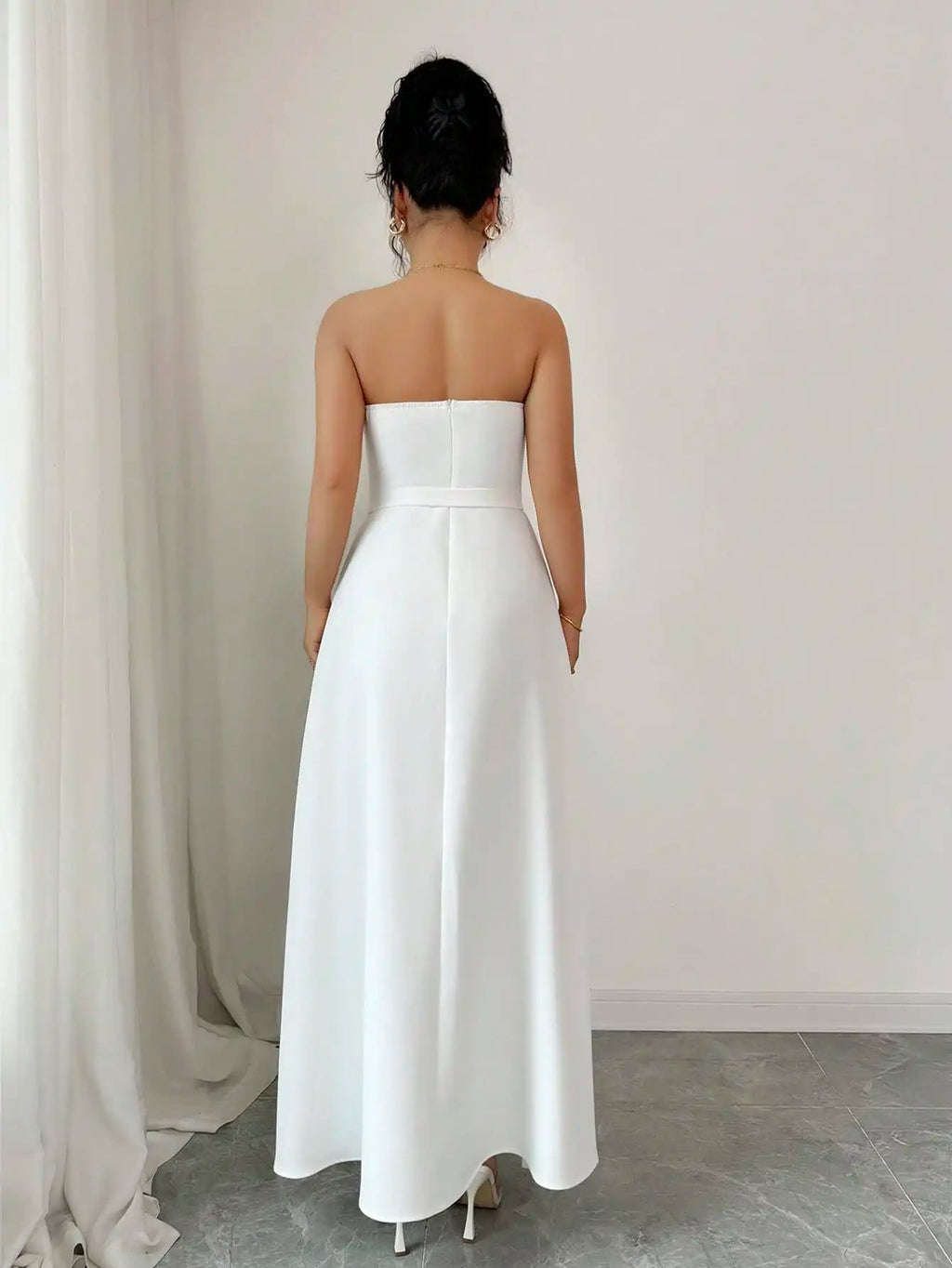 White Strapless Maxi Dress, Sweetheart Pleated Gown