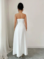 White Strapless Maxi Dress, Sweetheart Pleated Gown
