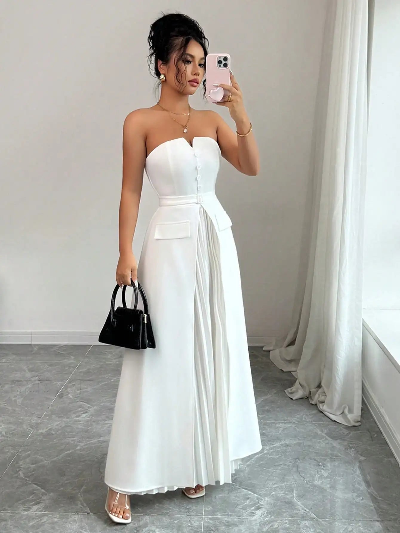 White Strapless Maxi Dress, Sweetheart Pleated Gown