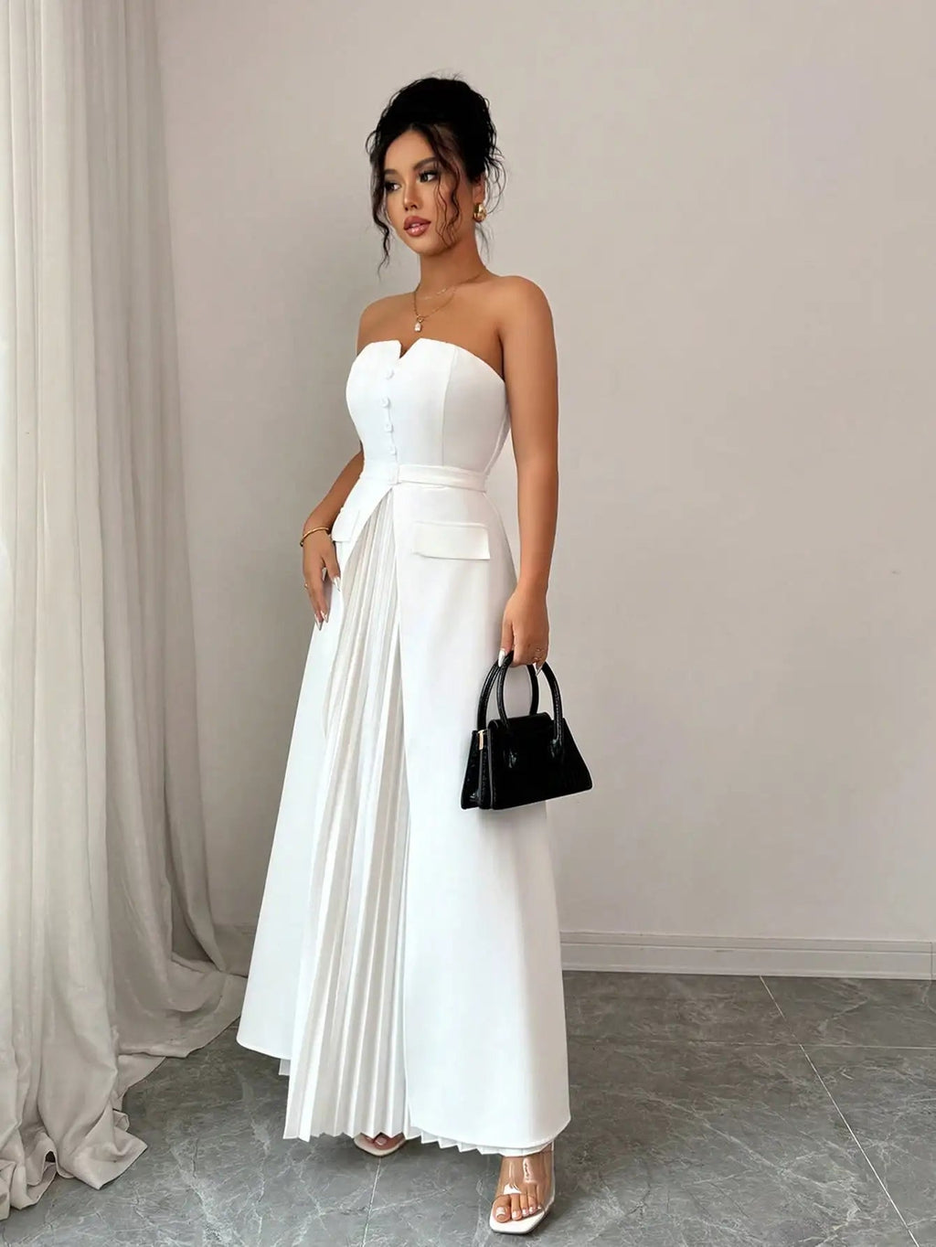 White Strapless Maxi Dress, Sweetheart Pleated Gown