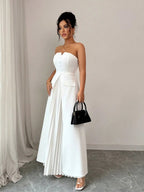 White Strapless Maxi Dress, Sweetheart Pleated Gown