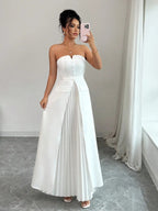 White Strapless Maxi Dress, Sweetheart Pleated Gown