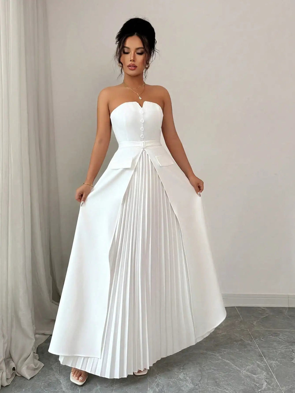 White Strapless Maxi Dress, Sweetheart Pleated Gown