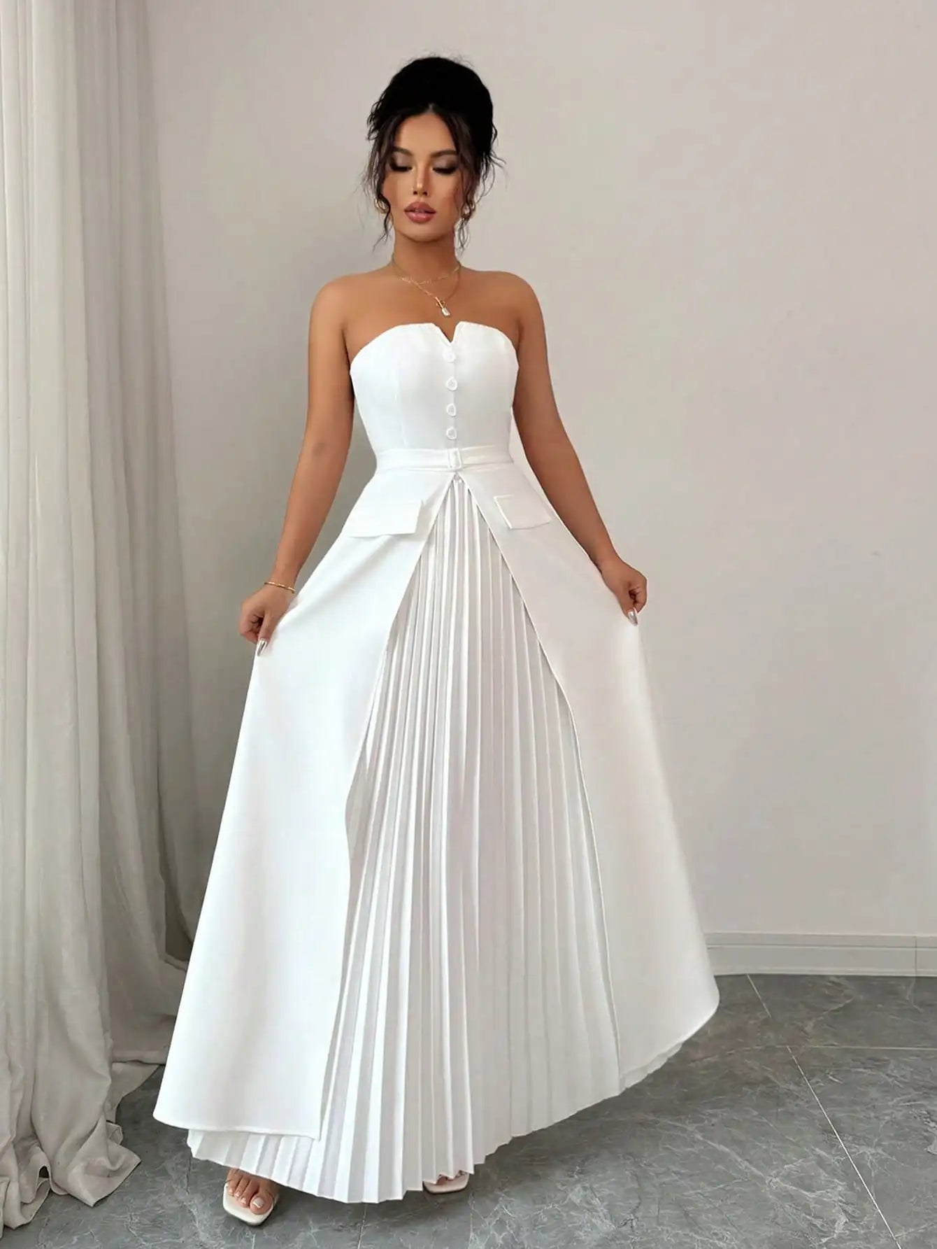 White Strapless Maxi Dress, Sweetheart Pleated Gown