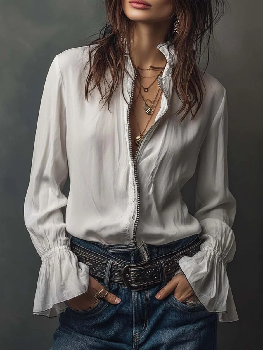 Women’s White Zip Front Blouse – Silky Elegant Top with Flounce Cuff Sleeves for Work & Casual Wear