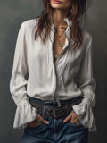 Women’s White Zip Front Blouse – Silky Elegant Top with Flounce Cuff Sleeves for Work & Casual Wear