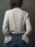 Women’s White Zip Front Blouse – Silky Elegant Top with Flounce Cuff Sleeves for Work & Casual Wear