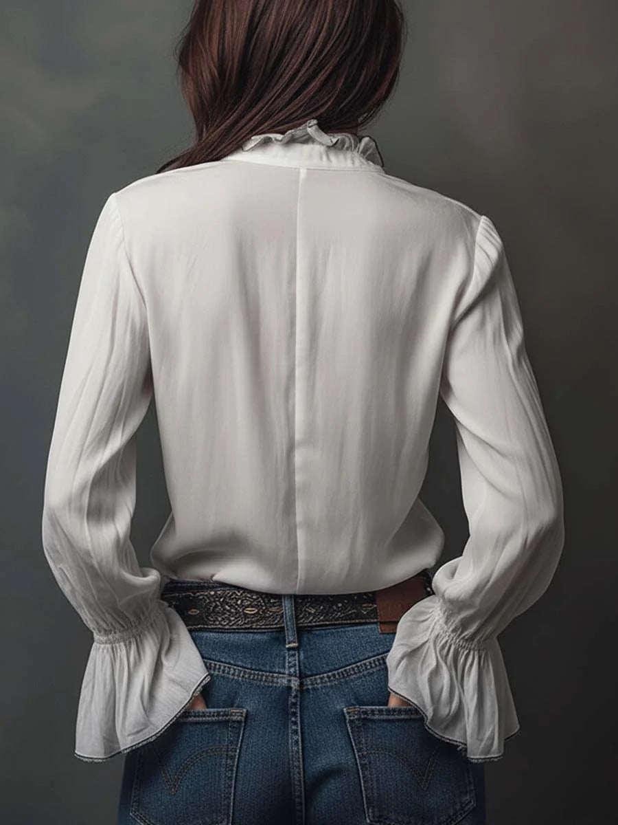 Women’s White Zip Front Blouse – Silky Elegant Top with Flounce Cuff Sleeves for Work & Casual Wear