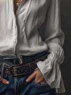 Women’s White Zip Front Blouse – Silky Elegant Top with Flounce Cuff Sleeves for Work & Casual Wear