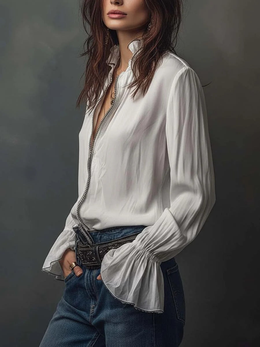 Women’s White Zip Front Blouse – Silky Elegant Top with Flounce Cuff Sleeves for Work & Casual Wear