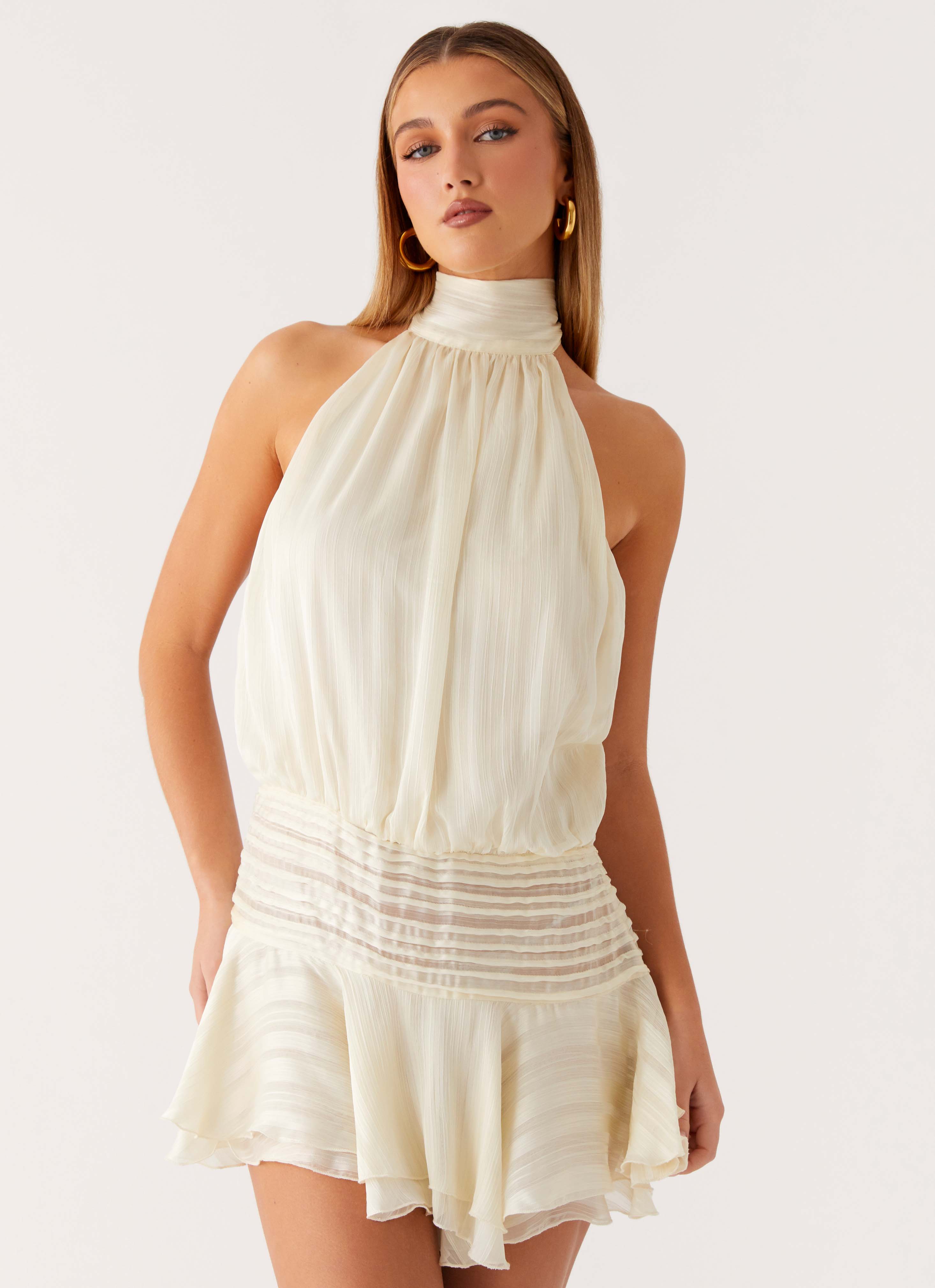 Willow Collection | Women's Chiffon Mini Dress with Halter Neckline | Elegant White Cocktail Dress for Effortless Summer Style