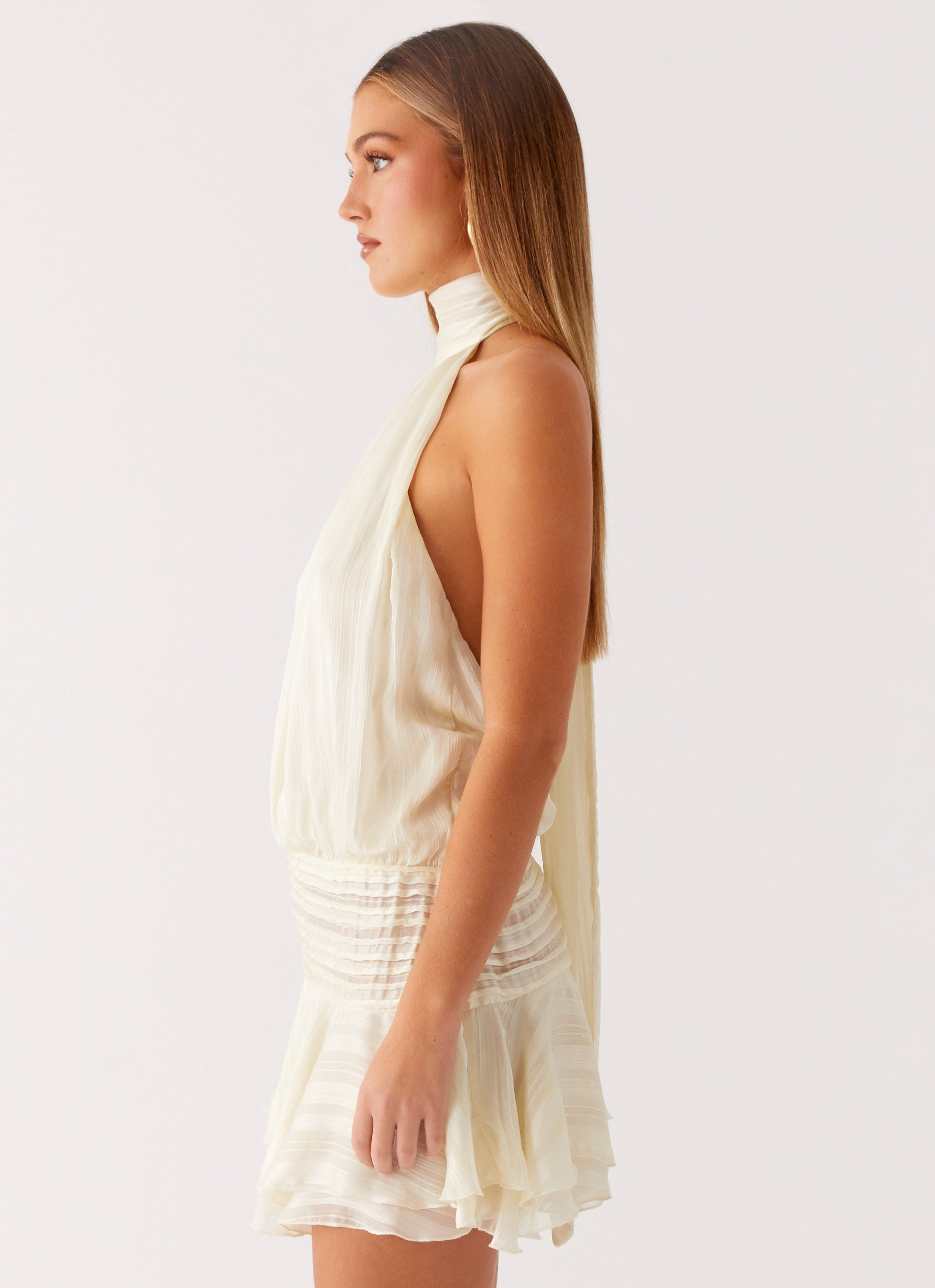 Willow Collection | Women's Chiffon Mini Dress with Halter Neckline | Elegant White Cocktail Dress for Effortless Summer Style