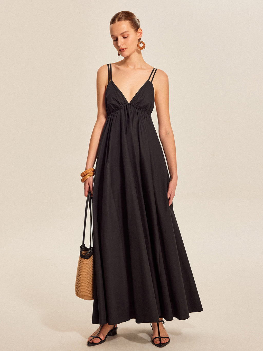 Women’s 100% Cotton Backless Maxi Dress – V-Neck Adjustable Strap Sleeveless Elegant Summer Dress