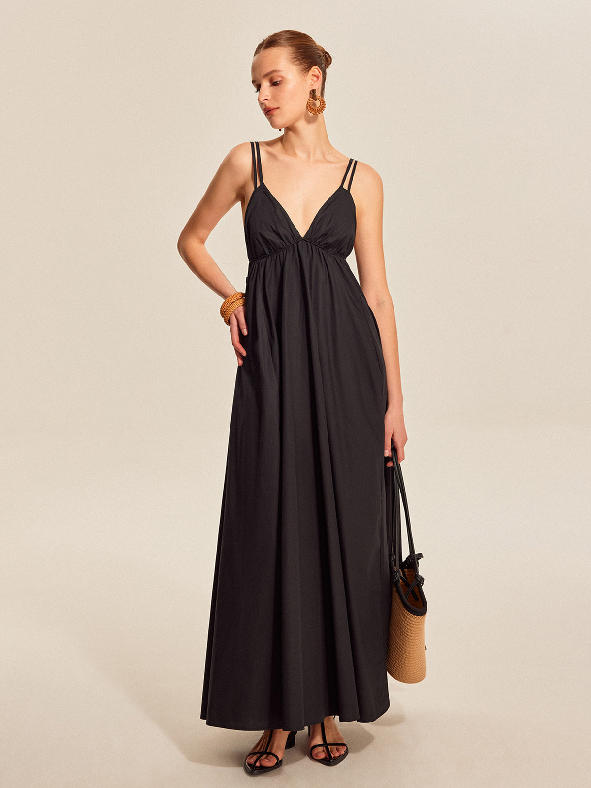 Women’s 100% Cotton Backless Maxi Dress – V-Neck Adjustable Strap Sleeveless Elegant Summer Dress