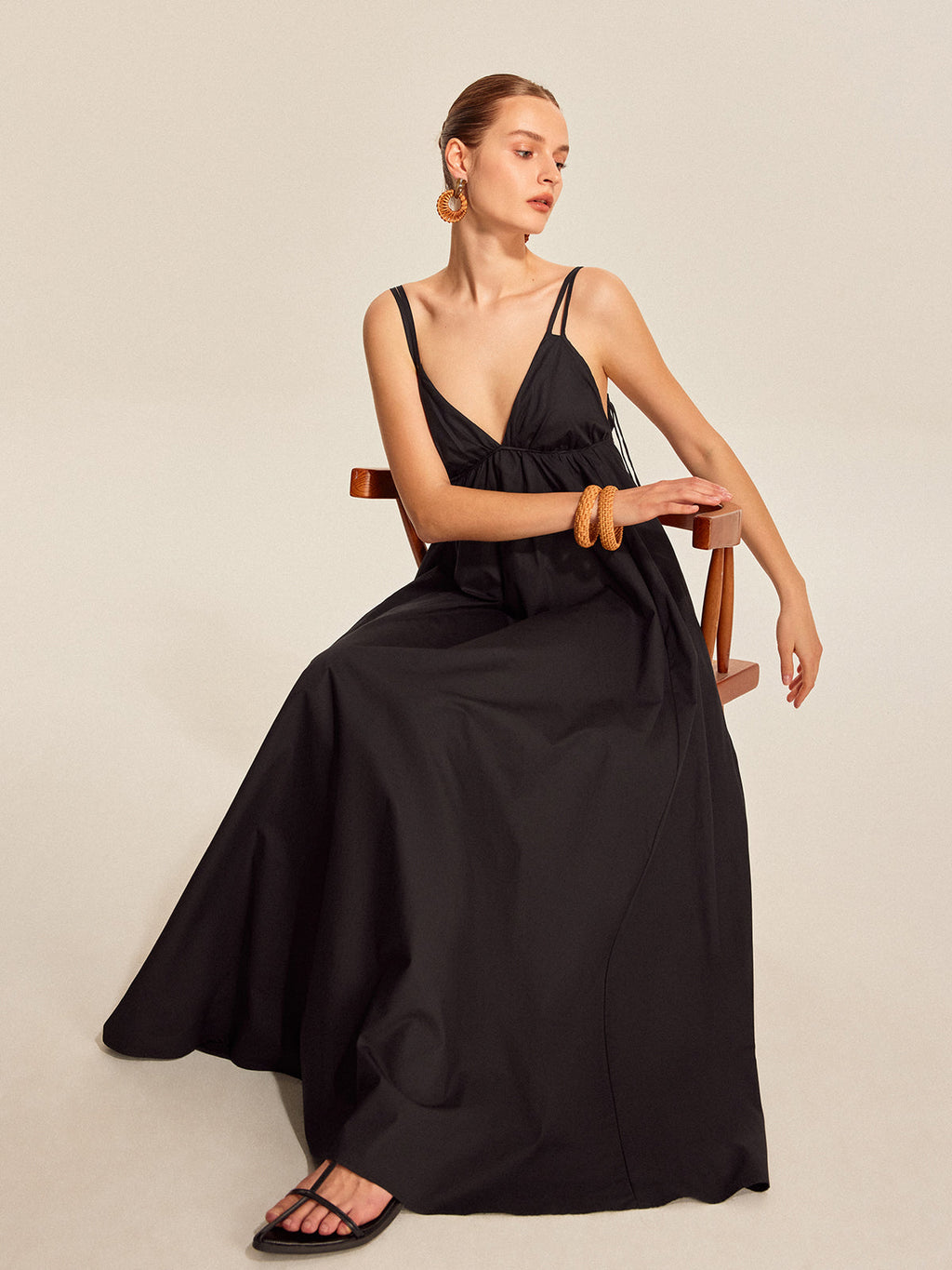 Women’s 100% Cotton Backless Maxi Dress – V-Neck Adjustable Strap Sleeveless Elegant Summer Dress