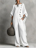 Women’s Batwing Sleeve 2-Piece Set – Vintage Button Tunic Top & Wide Leg Pants Casual Outfit