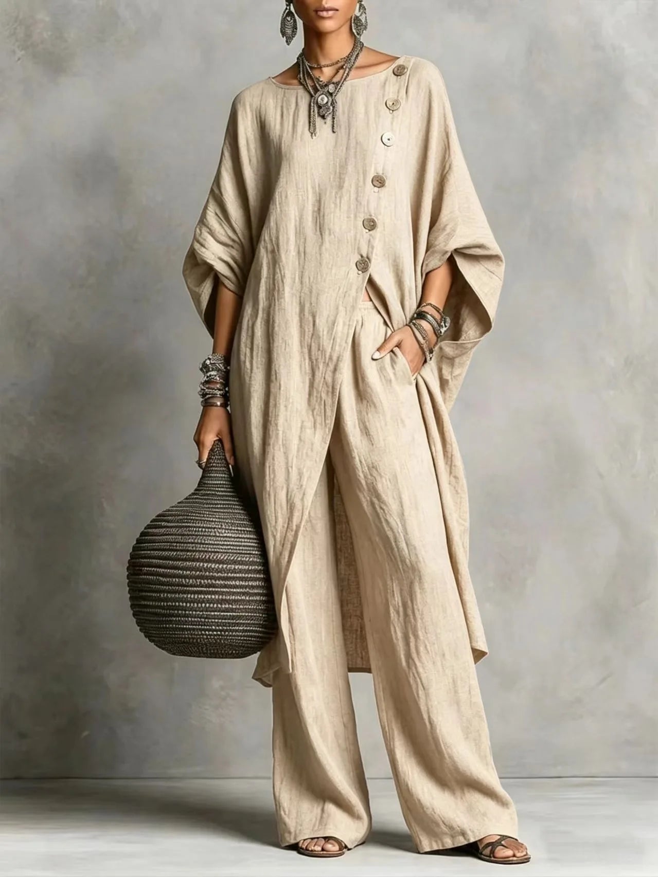 Women’s Batwing Sleeve 2-Piece Set – Vintage Button Tunic Top & Wide Leg Pants Casual Outfit