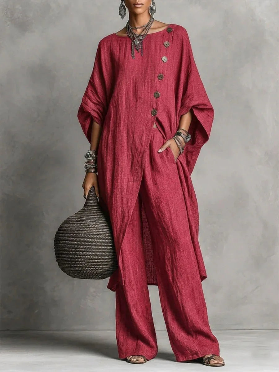Women’s Batwing Sleeve 2-Piece Set – Vintage Button Tunic Top & Wide Leg Pants Casual Outfit