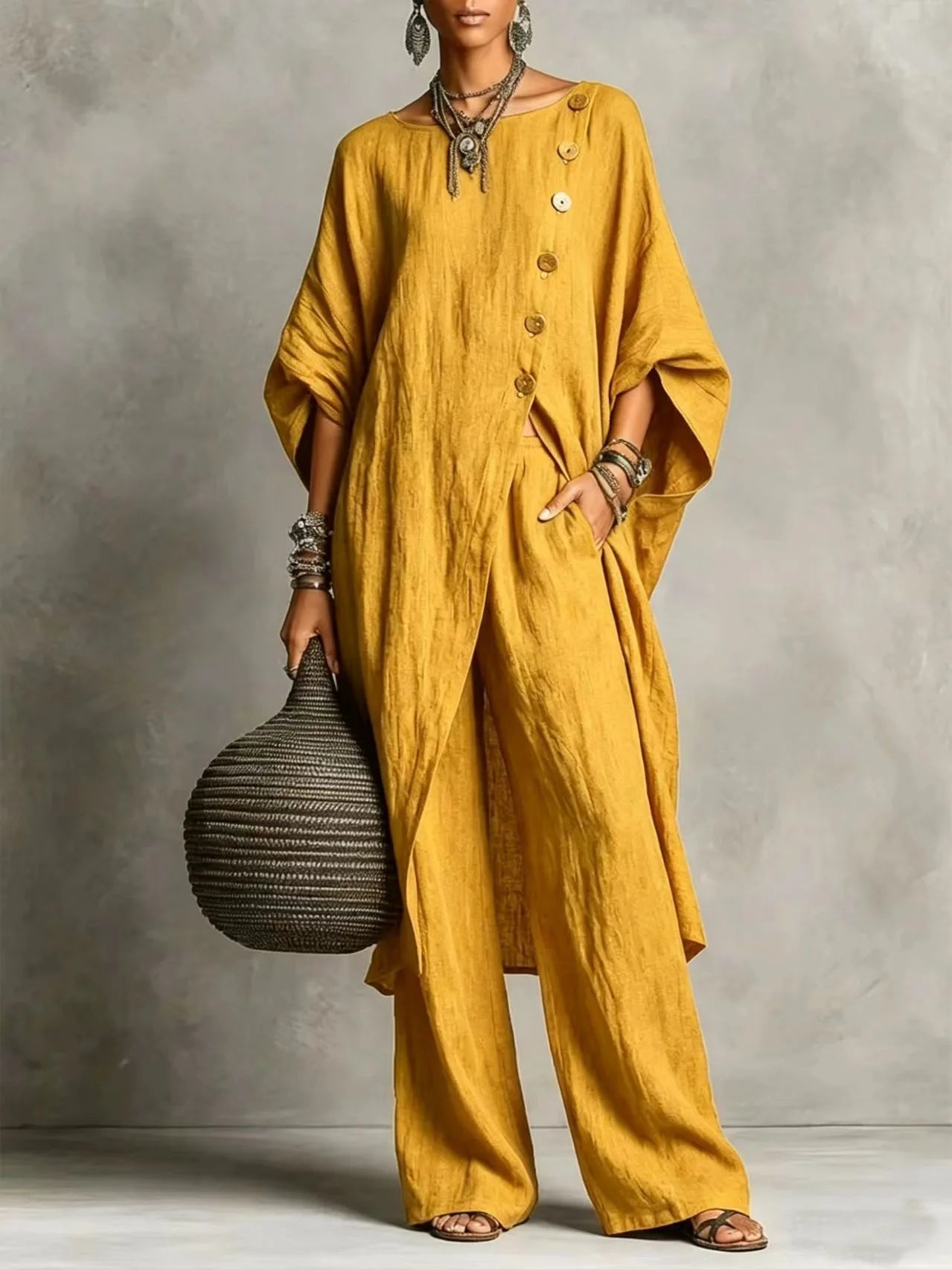 Women’s Batwing Sleeve 2-Piece Set – Vintage Button Tunic Top & Wide Leg Pants Casual Outfit