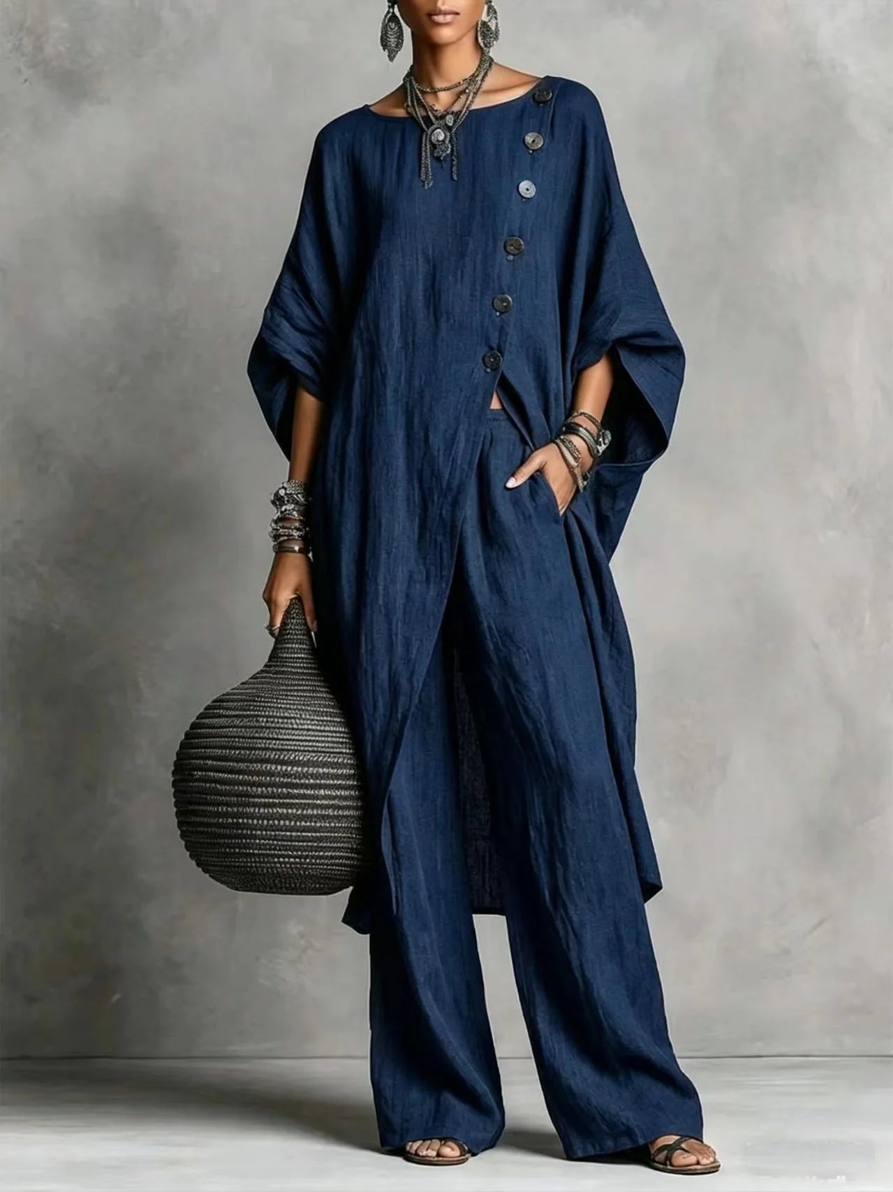 Women’s Batwing Sleeve 2-Piece Set – Vintage Button Tunic Top & Wide Leg Pants Casual Outfit