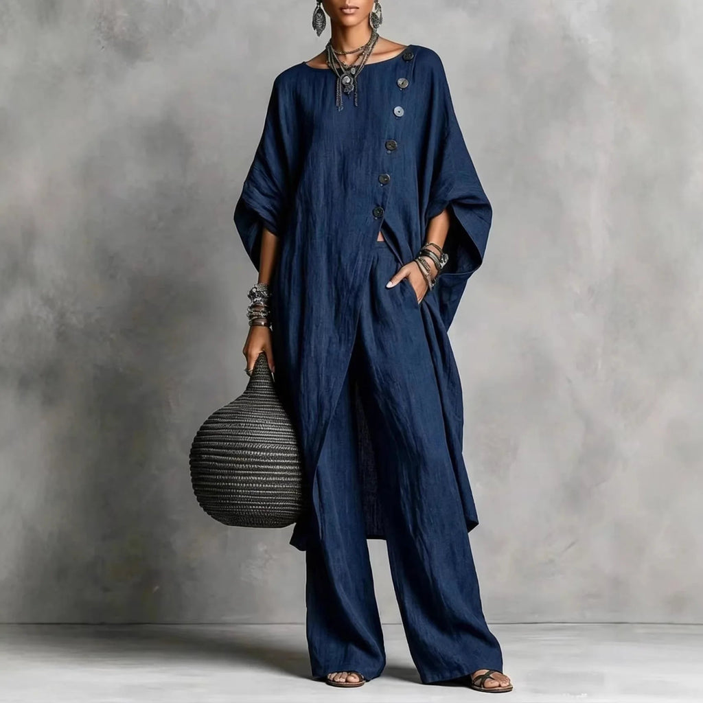 Women’s Batwing Sleeve 2-Piece Set – Vintage Button Tunic Top & Wide Leg Pants Casual Outfit