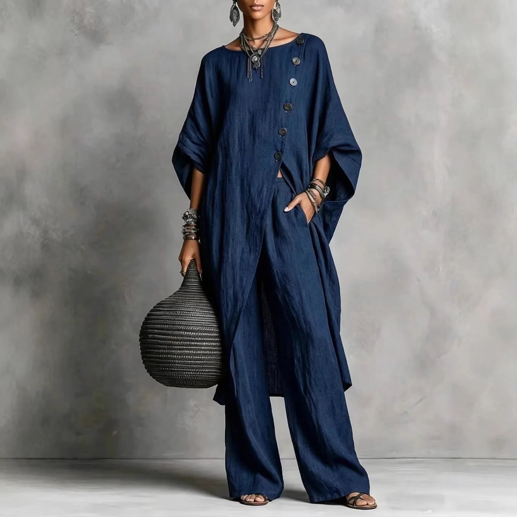 Women’s Batwing Sleeve 2-Piece Set – Vintage Button Tunic Top & Wide Leg Pants Casual Outfit