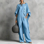 Women’s Batwing Sleeve 2-Piece Set – Vintage Button Tunic Top & Wide Leg Pants Casual Outfit