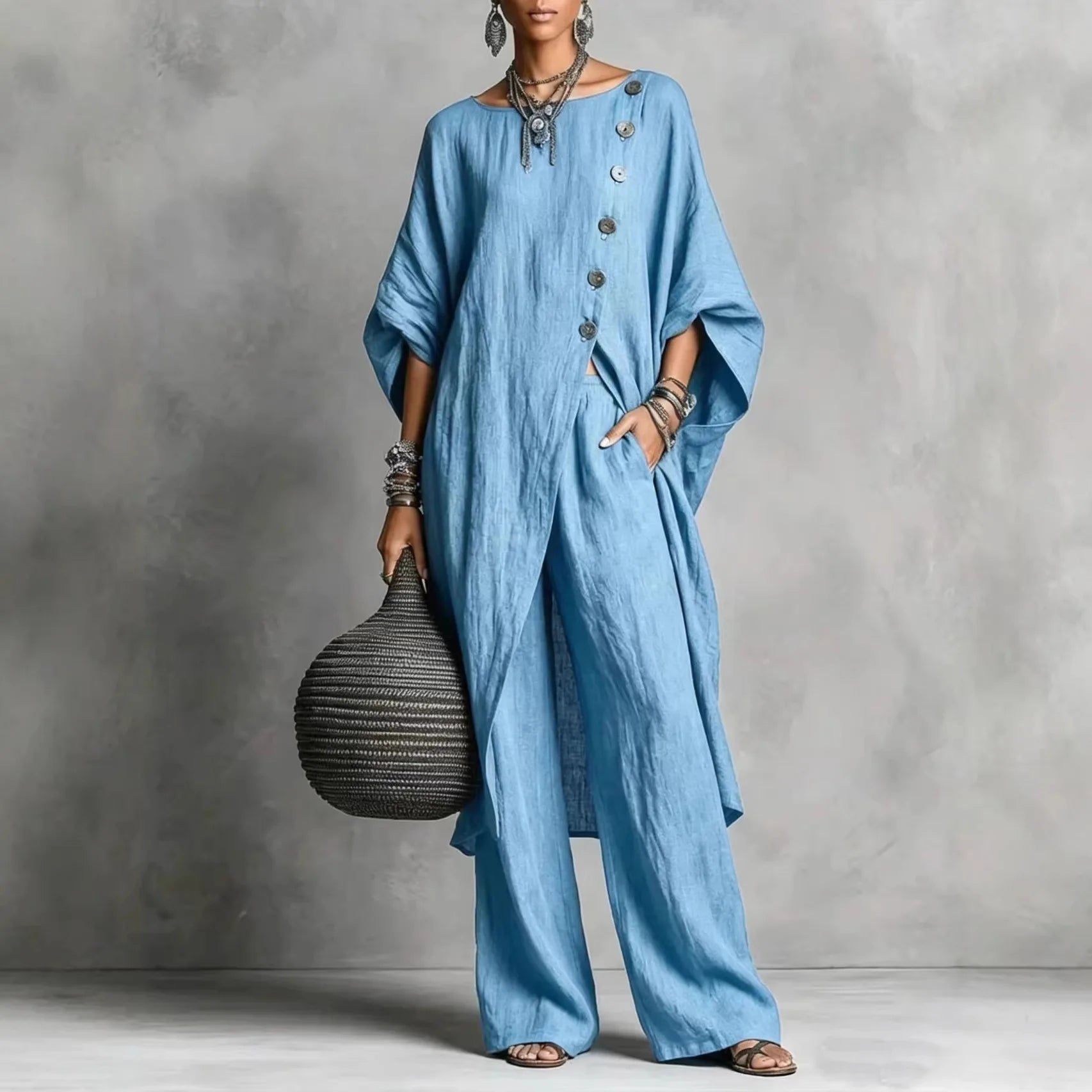 Women’s Batwing Sleeve 2-Piece Set – Vintage Button Tunic Top & Wide Leg Pants Casual Outfit