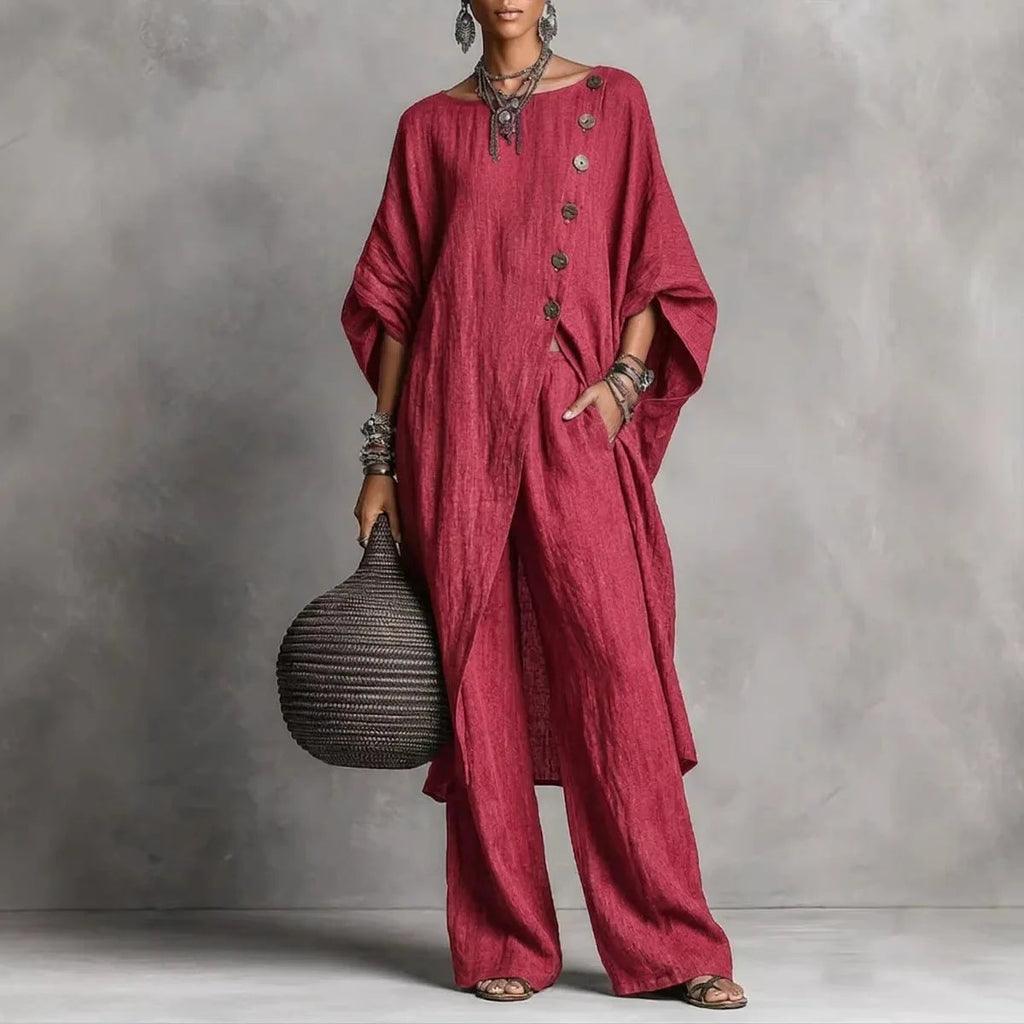 Women’s Batwing Sleeve 2-Piece Set – Vintage Button Tunic Top & Wide Leg Pants Casual Outfit