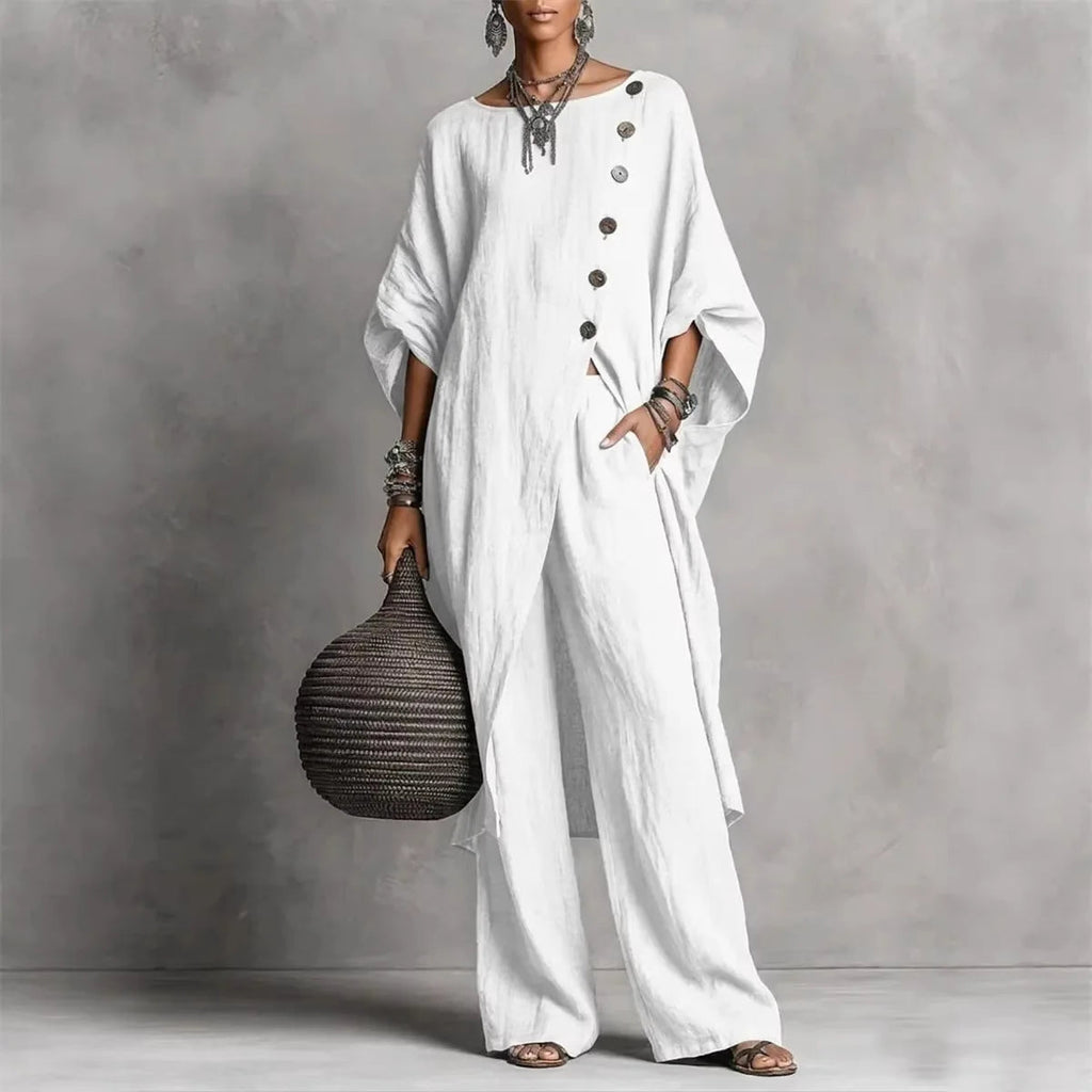 Women’s Batwing Sleeve 2-Piece Set – Vintage Button Tunic Top & Wide Leg Pants Casual Outfit