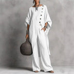 Women’s Batwing Sleeve 2-Piece Set – Vintage Button Tunic Top & Wide Leg Pants Casual Outfit