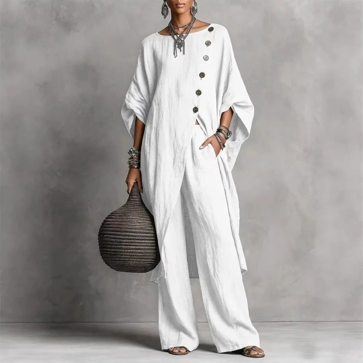 Women’s Batwing Sleeve 2-Piece Set – Vintage Button Tunic Top & Wide Leg Pants Casual Outfit