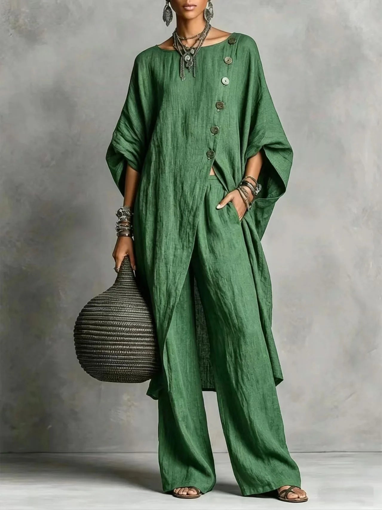 Women’s Batwing Sleeve 2-Piece Set – Vintage Button Tunic Top & Wide Leg Pants Casual Outfit