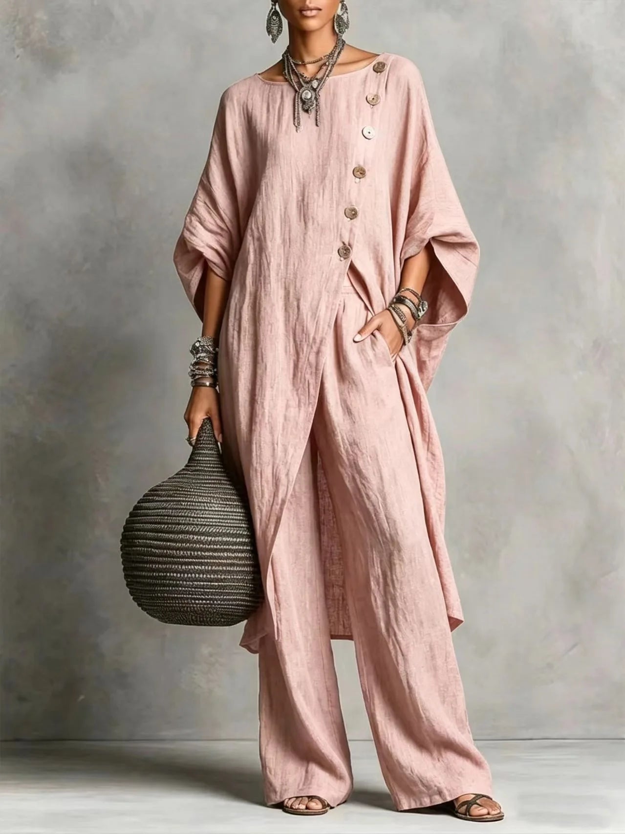 Women’s Batwing Sleeve 2-Piece Set – Vintage Button Tunic Top & Wide Leg Pants Casual Outfit