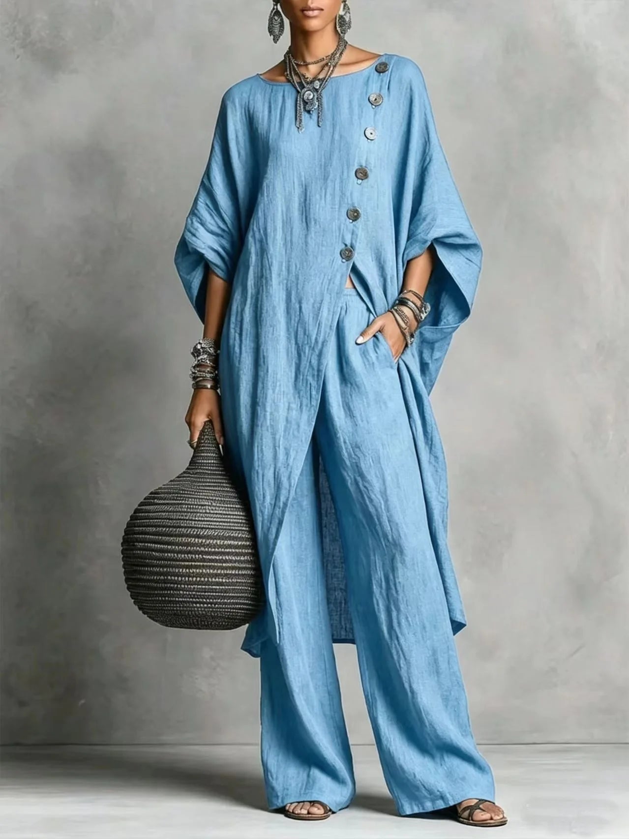 Women’s Batwing Sleeve 2-Piece Set – Vintage Button Tunic Top & Wide Leg Pants Casual Outfit