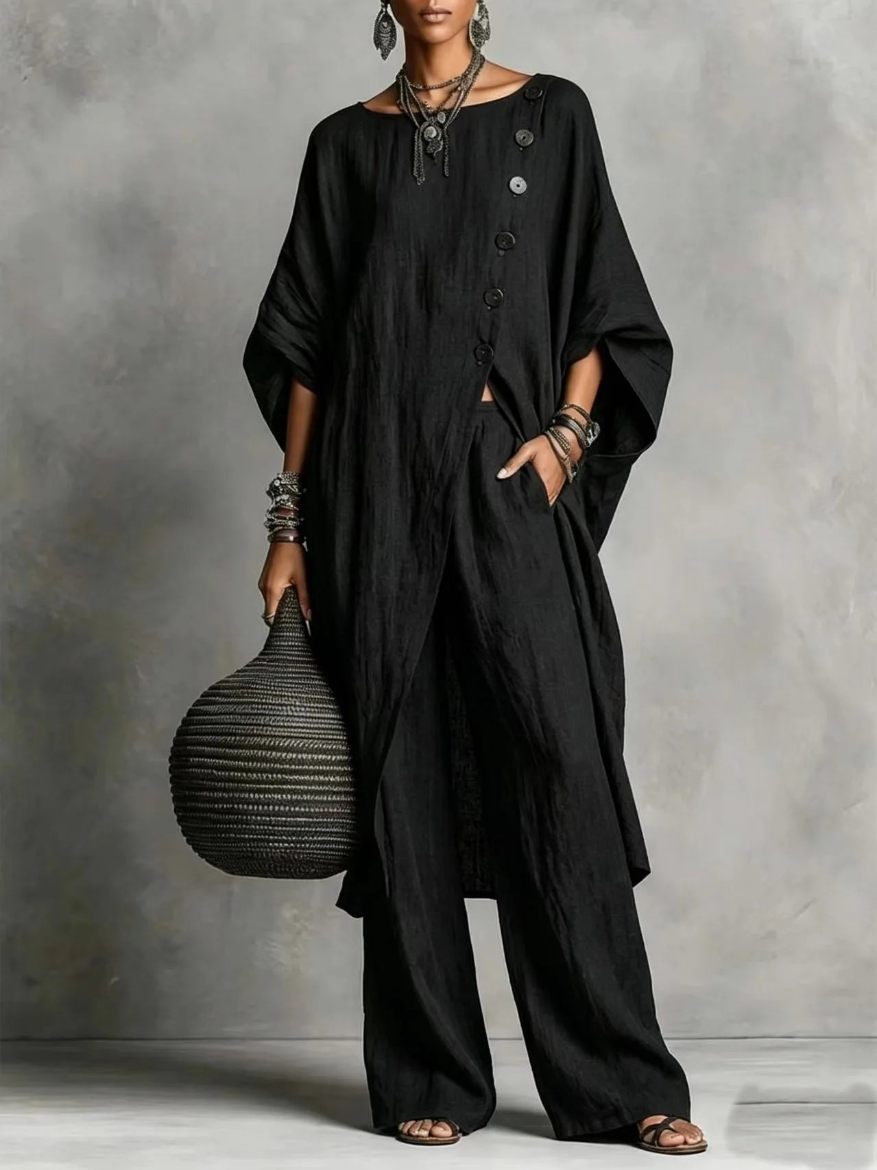 Women’s Batwing Sleeve 2-Piece Set – Vintage Button Tunic Top & Wide Leg Pants Casual Outfit