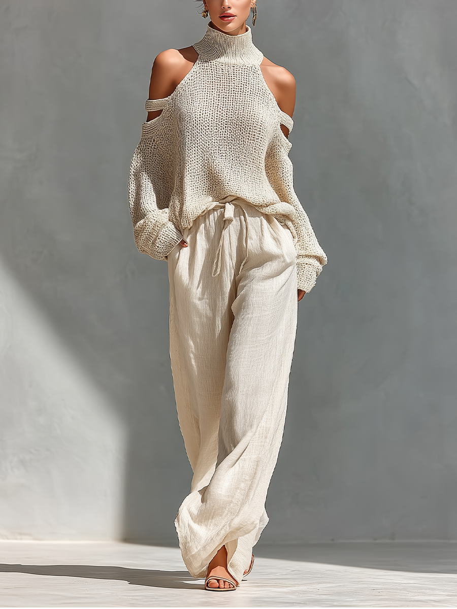Women’s Beige Knit Cold-Shoulder Two-Piece Set – Turtleneck Top & Wide-Leg Pants Elegant Casual Outfit