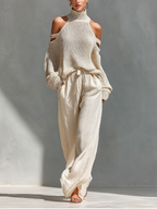 Women’s Beige Knit Cold-Shoulder Two-Piece Set – Turtleneck Top & Wide-Leg Pants Elegant Casual Outfit